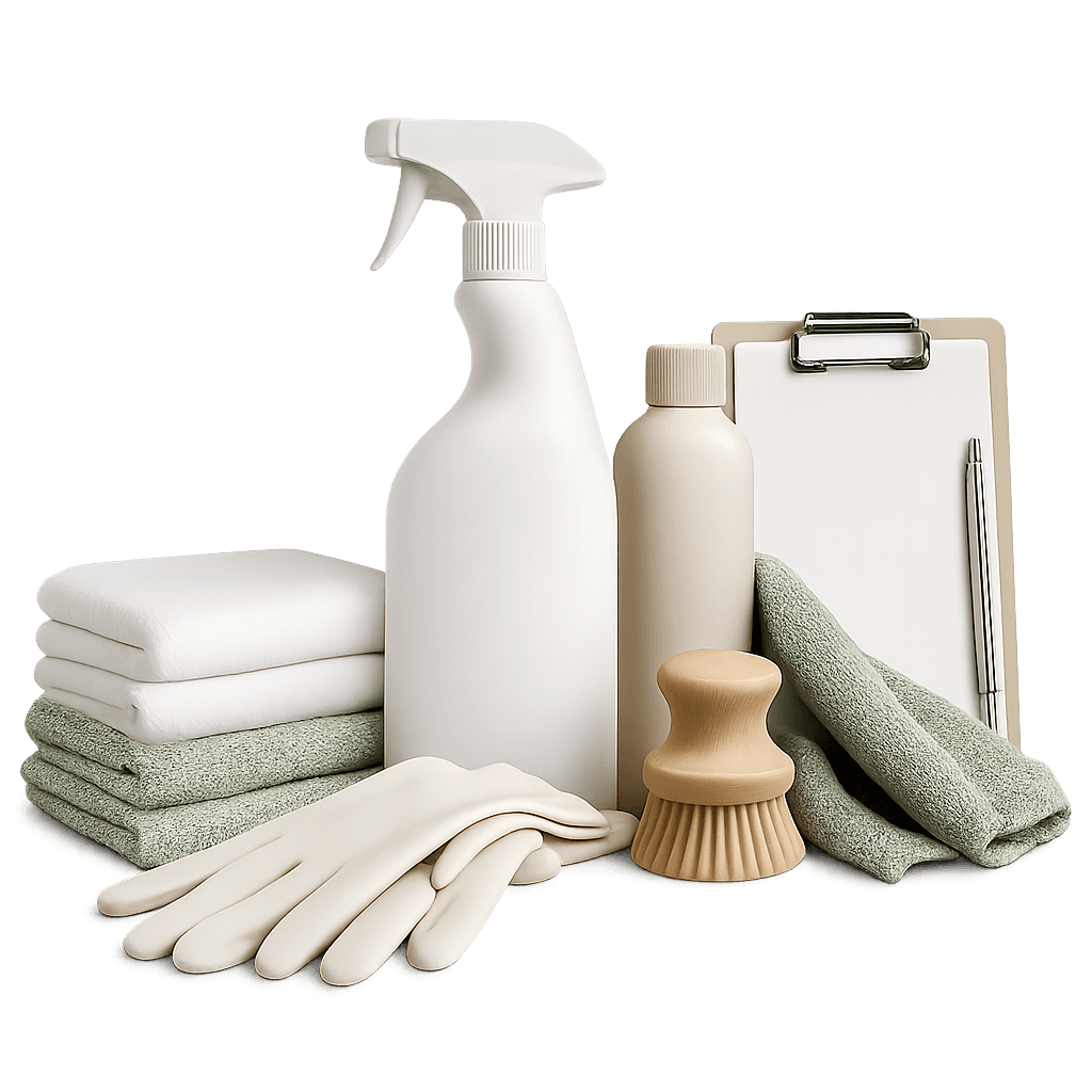 Kit de nettoyage professionnel : spray, gants, brosses et checklist