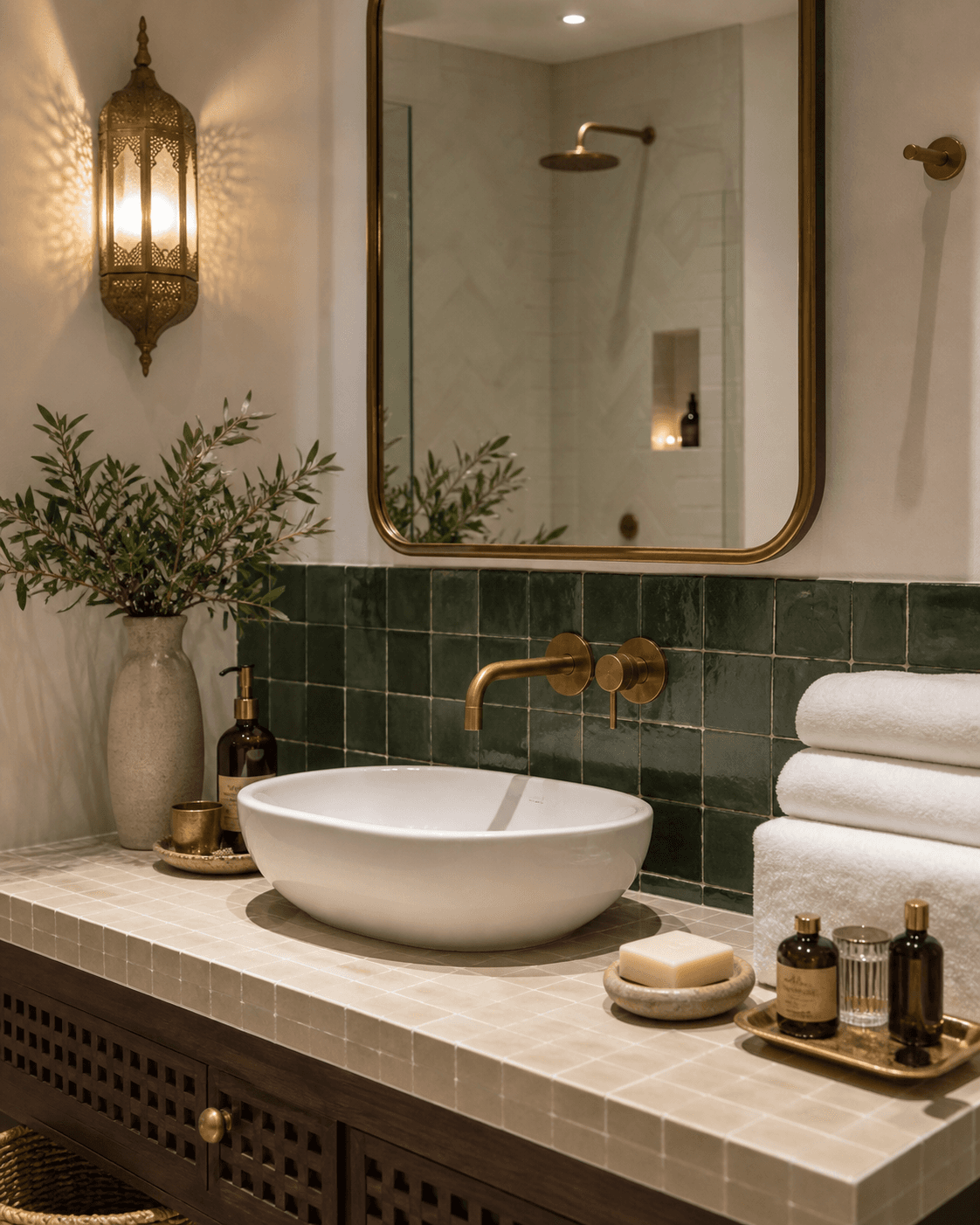 Salle de bain premium — zellige vert, robinetterie laiton, serviettes empilées