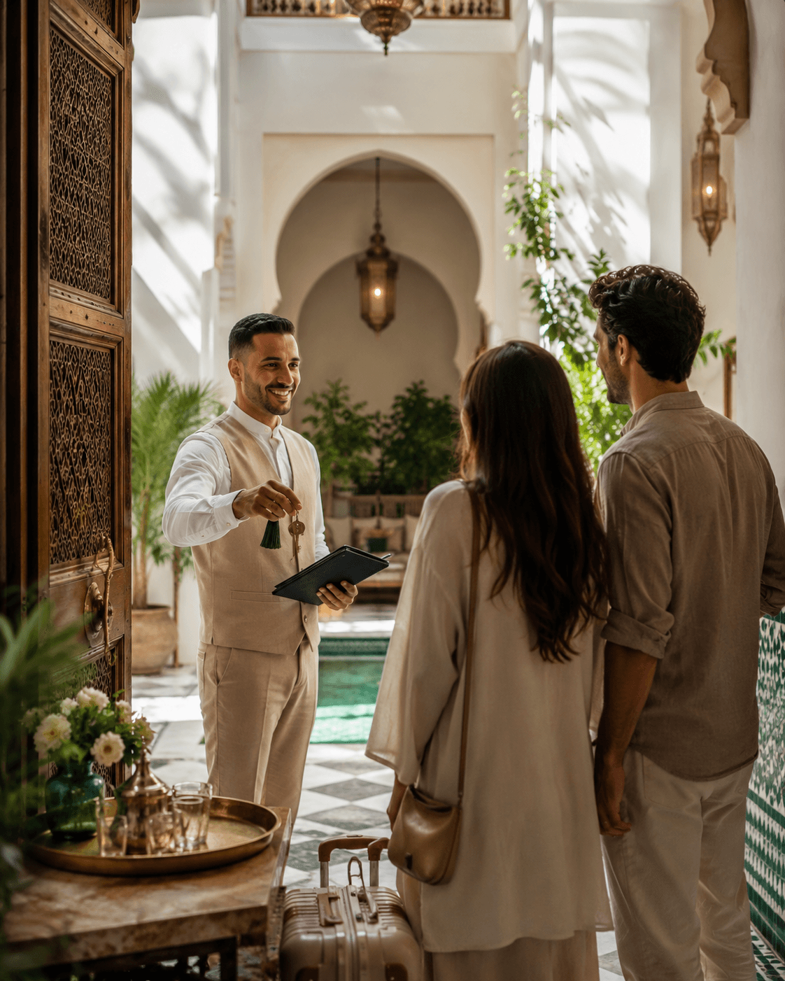Cour intérieure de riad à Marrakech avec arches et bassin, symbole de conciergerie Airbnb premium.