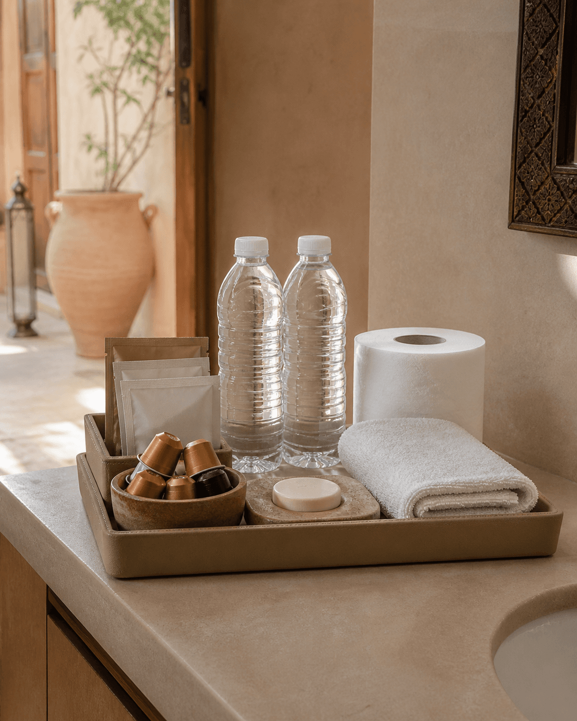 Plateau d'accueil voyageur — eau, café, savon, serviette, papier