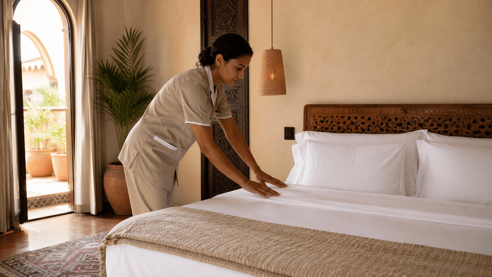 Gouvernante préparant un lit hôtelier dans un riad à Marrakech